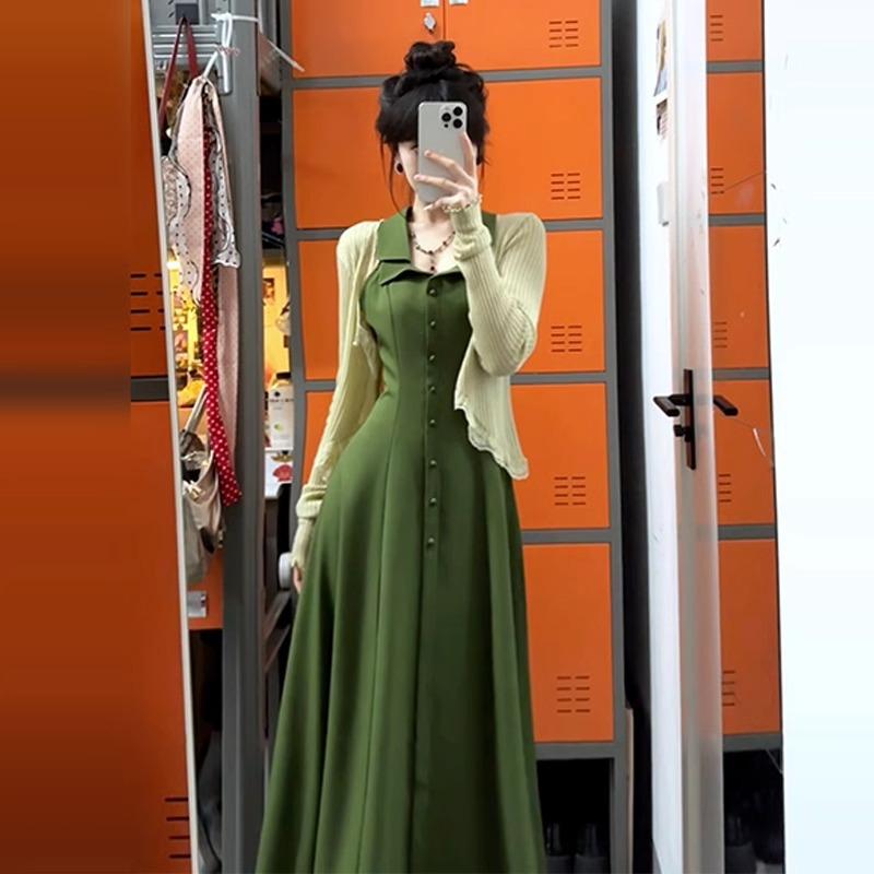 New Chinese sleeveless green neck sling dress for children's summer new waist temperament vest long dress