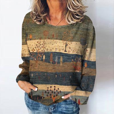 T-shirt da Donna con Stampa Paesaggio Naturale T-shirt a Manica Lunga Autunno Casual Moda Donna Stampa Deserto Cammello Manica Lunga