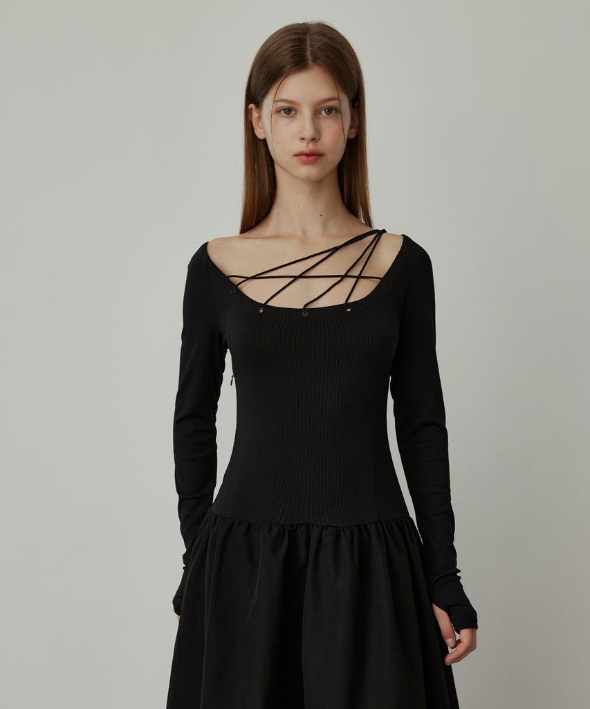 Hypernet String Waist Stitch Long Dress - Black