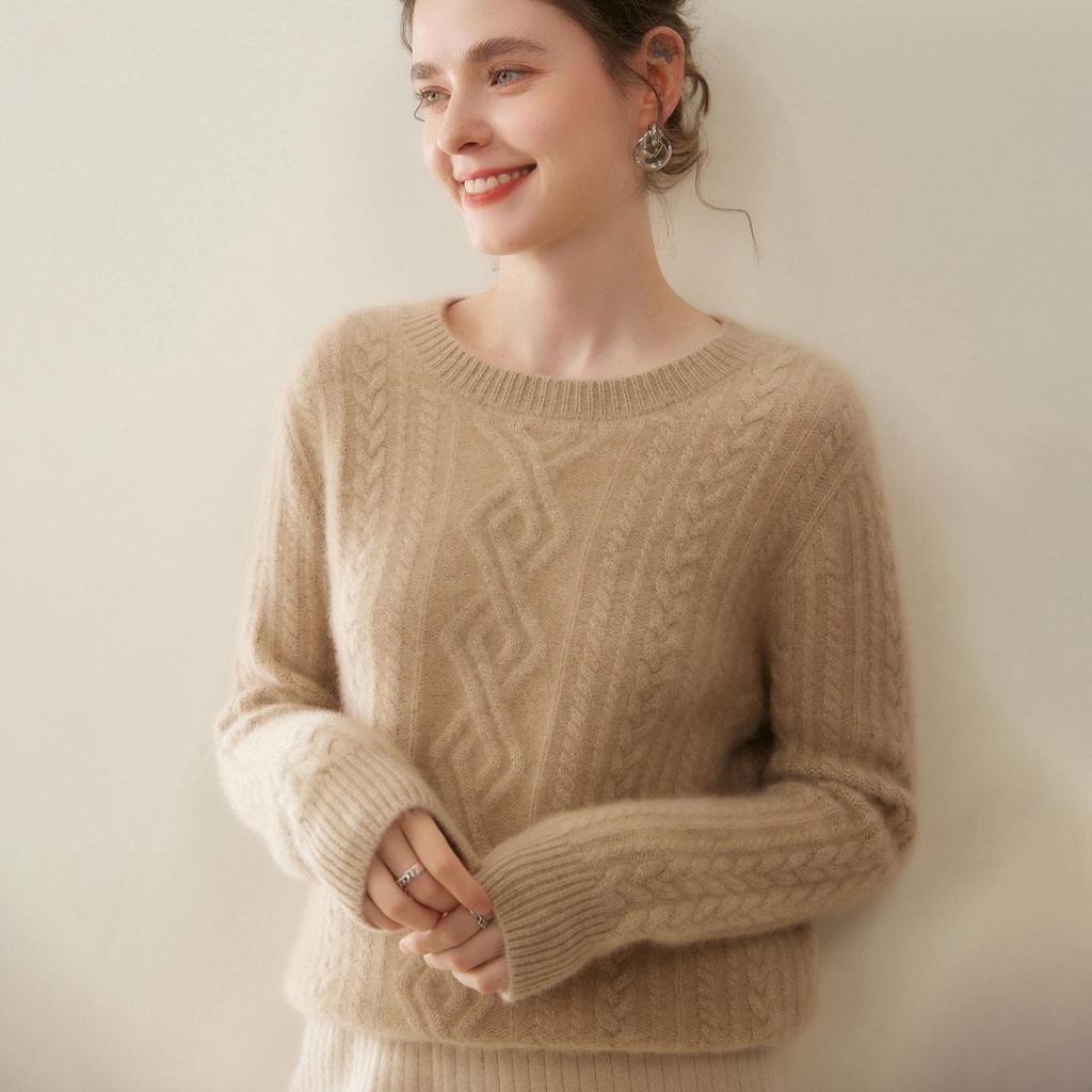 Women's Cashmere Cable Knit Sweater: Round Neck, Thickened, Versatile Autumn/Winter Casual Fashion