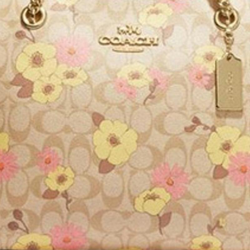 Coach Cammie 32 Gold Letter Logo Floral Cluster Print Classic Monogram Coated Canvas And Leather Tote Bag Women Tote Bags Khaki CH545-IMOT4