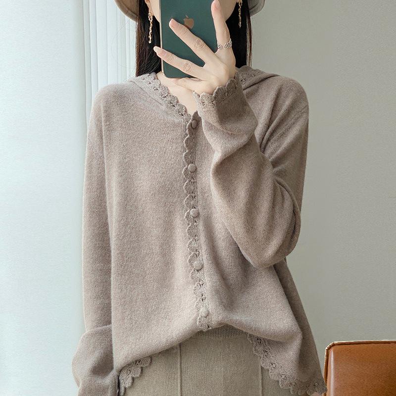 Autumn/Winter 2025 Slimming Lace Hooded Knit Cardigan - Versatile Long-Sleeve Stylish Casual Outerwear.