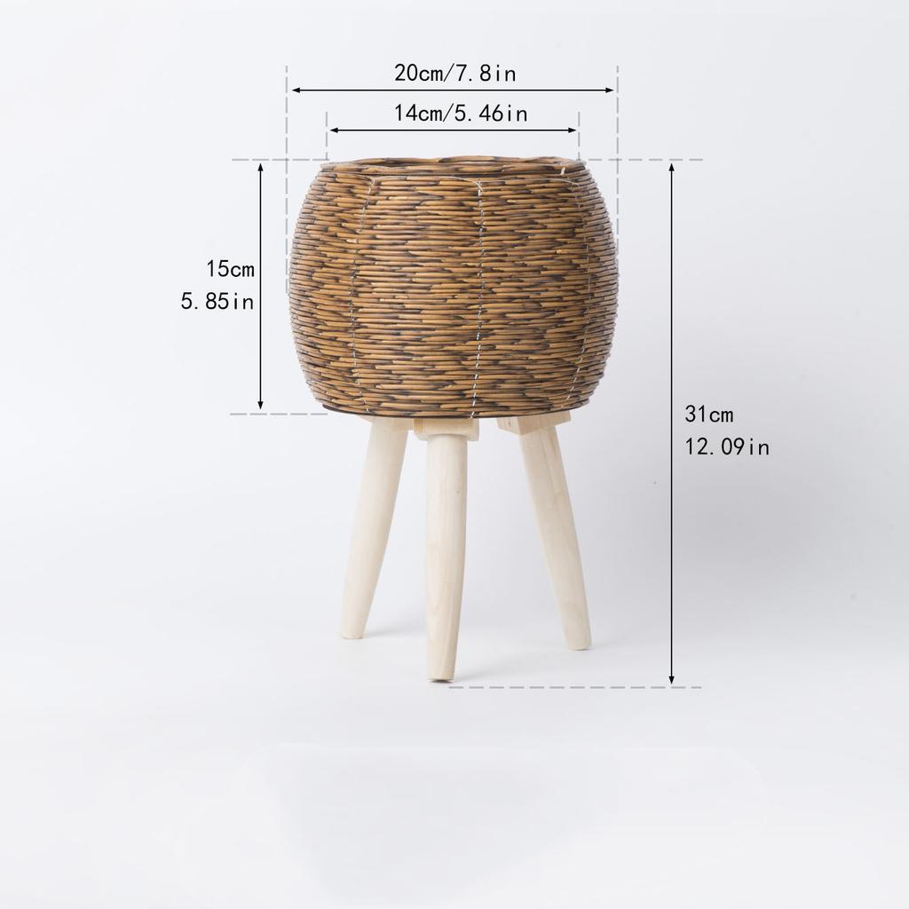 Rustic Rattan Planter With Wooden Legs Household Planter Pot Basket Wood Flower Basket For Indoor Plants Wood Flower Pots