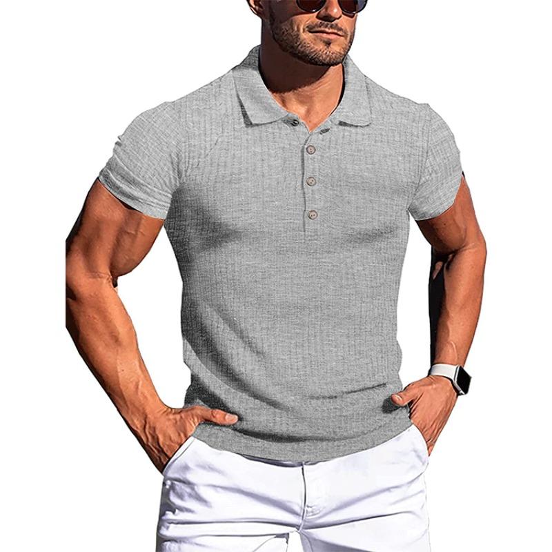 Men's Running Fitness Clothing Summer High Elasticity Vertical Stripe Short Sleeved Polo Shirt Slim Fit Knitted Base T Shirt
