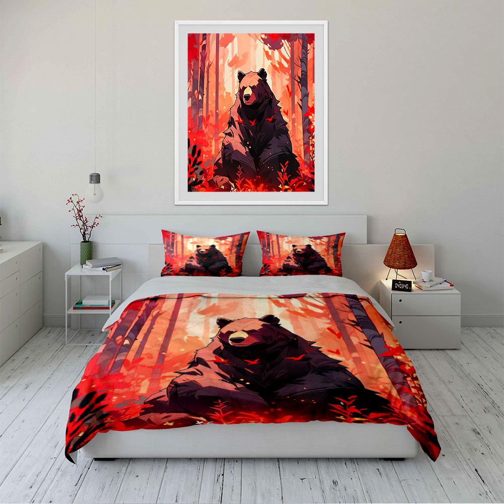 Forest Bear with Red Birds Bedding Duvet Cover Set Duvet Cover Pillowcases (1*Duvet Cover 2*Pillowcases, without duvet insert)