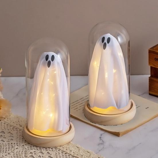 Halloween Indoor Ghost Decoration Light Up Ghost in Glass Cloche with Wood Base Cute Ghost Night Light for Home Kitchen Mantel Shelf Fireplace Decor