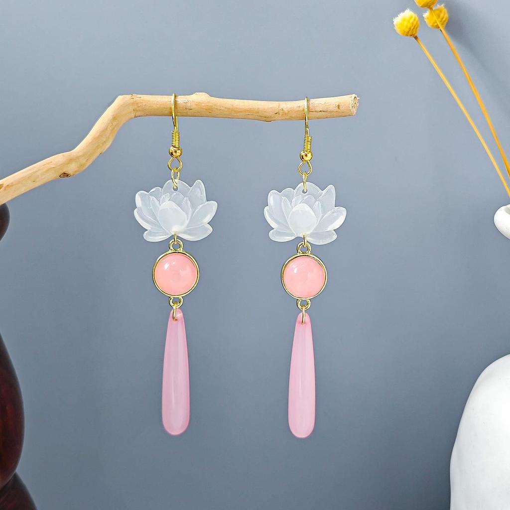 Ancient Chinese Style Beaded Tassel Earrings with Flower Fan and Bowknot