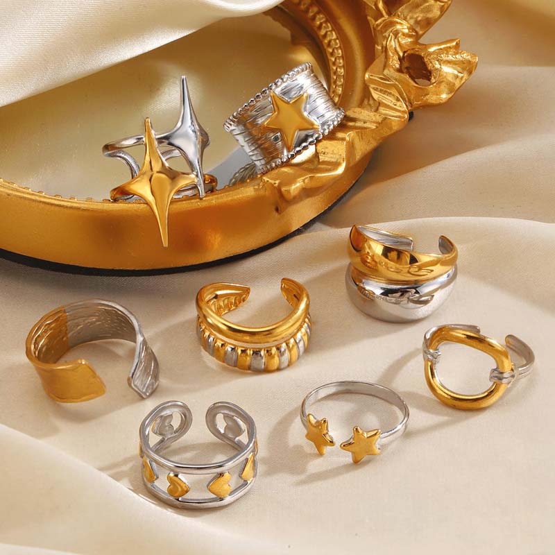 Stainless Steel Gold Silver Color Geometric Open Rings for Women Vintage Metal Star Personality Finger Rings Jewelry Party Gifts