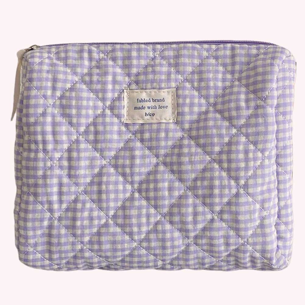 Women Checkered Makeup Bag Fashion Sweet Cotton Makeup Brushes Storage Bag Soft Fabric Organizer Pouch Cute Travel Toiletry Bag