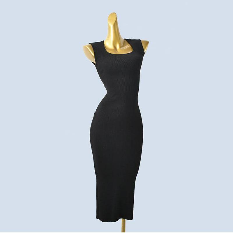 Trade Order U Collar European and American Sleeveless Open Waist Slim fit Split Knitted Sheath Mid-Length Women Slimming Dress Spring and Autumn