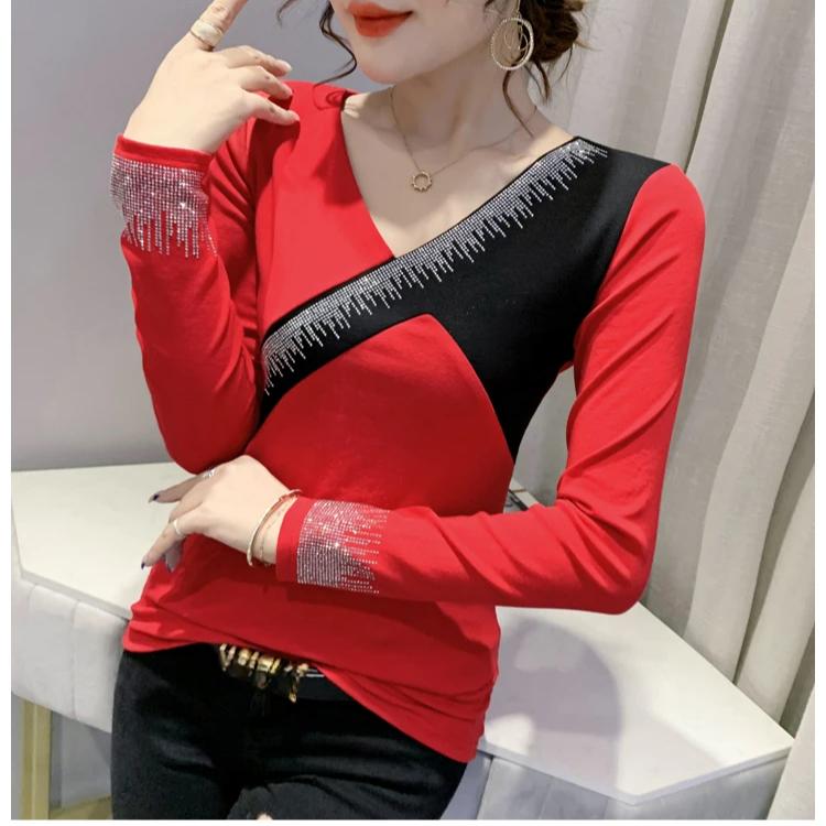 Spring Autumn Streetwear Girls Long Sleeve Cotton T-Shirt Clothes Fashion Contrast Color Patchwork Sexy Hot Diamonds Women Tops Tees