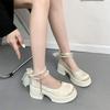 French high heels women's 2025 spring new embroidery printing round head shallow mouth women's shoes single shoes mesh bow