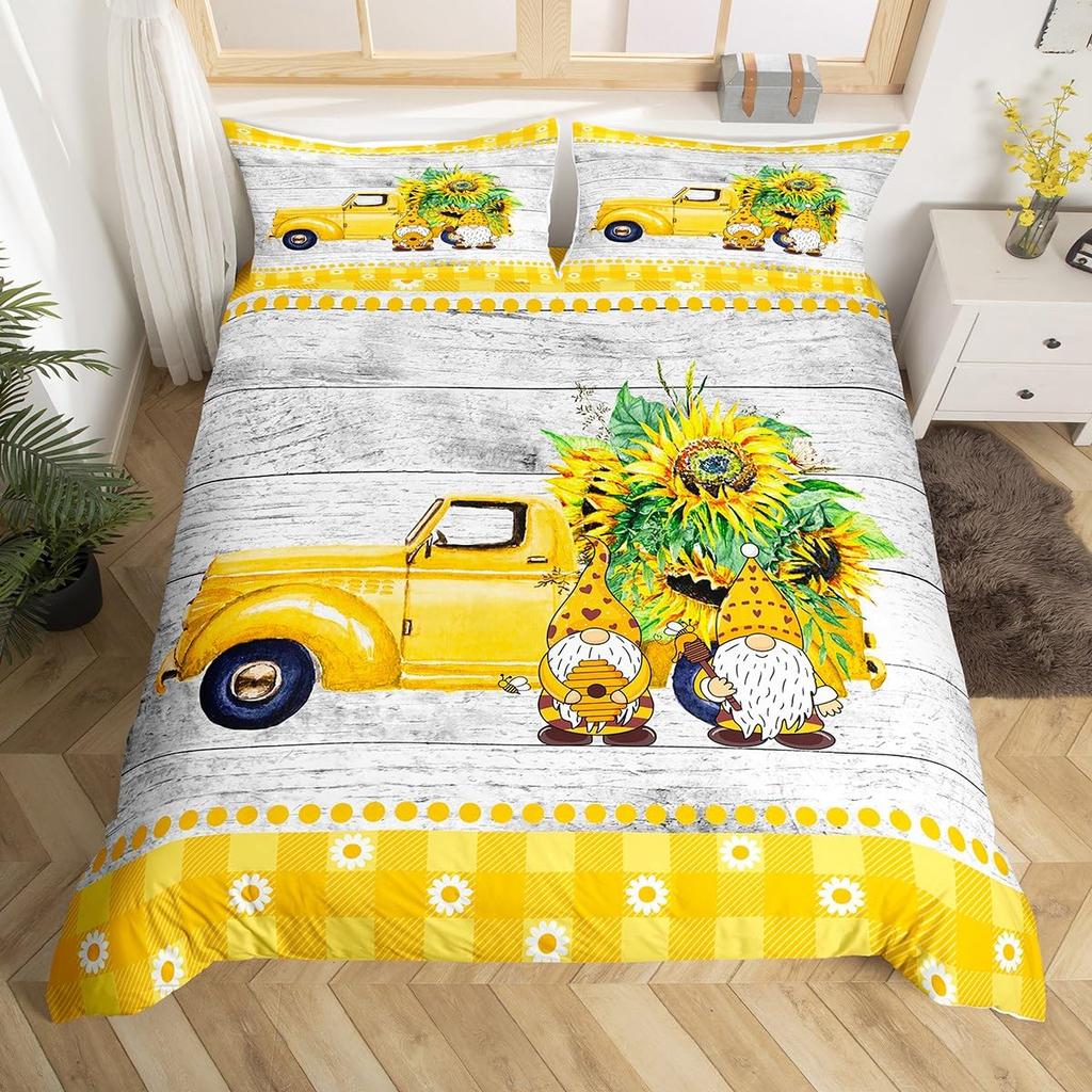 Bettbezug mit Cartoon-Gnom und Sonnenblume, King- und Queen-Size-Bettwäscheset mit schönen Zwergblumen, Bettbezug mit gelbem Blumenmuster und 2 Kissenbezügen