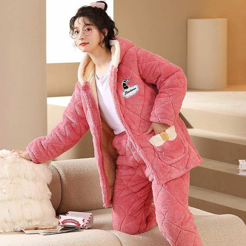 Womens Coral Fleece Quilted Pajama Set Winter Warm Flannel Loungewear