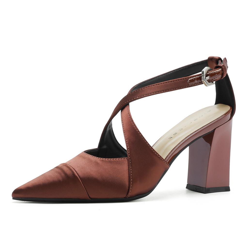 89811 [Schafsleder] High Heels Damen dicker Absatz 2025 neu spitz zulaufend Temperament gekreuzter Riemen hohl gespleißt einzelner Schuh