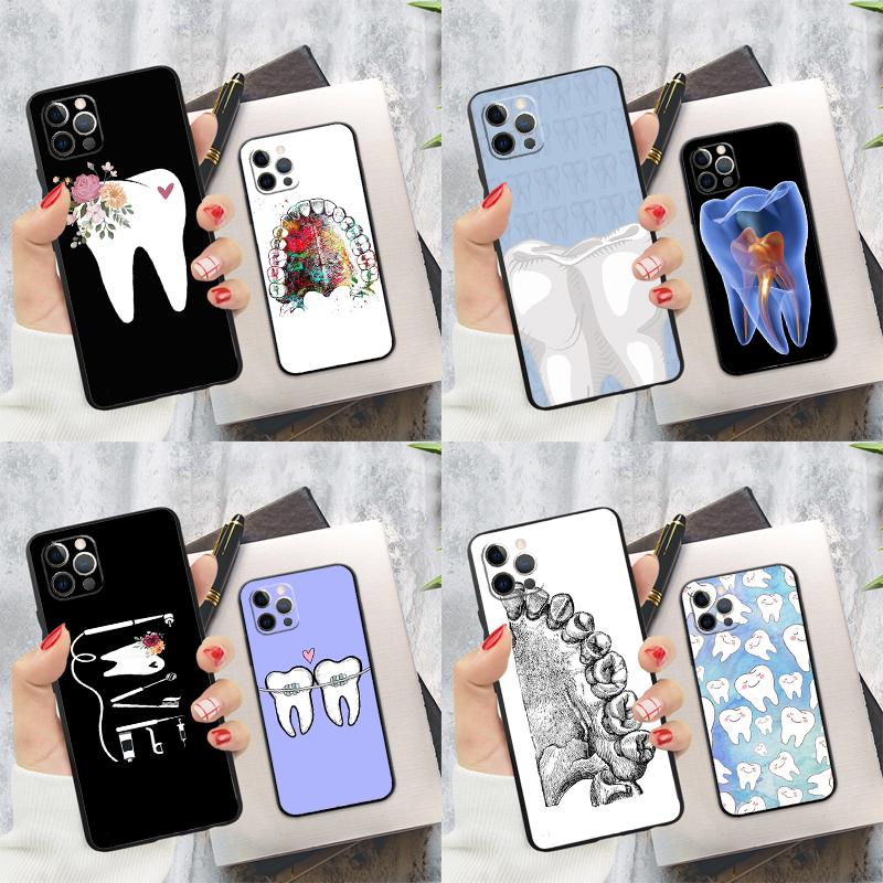 Dentist Tooth Pattern Phone Case For iPhone 15 14 13 12 11 16 Pro Max Plus Mini 7 8 X XS Max XR Back Cover Shell