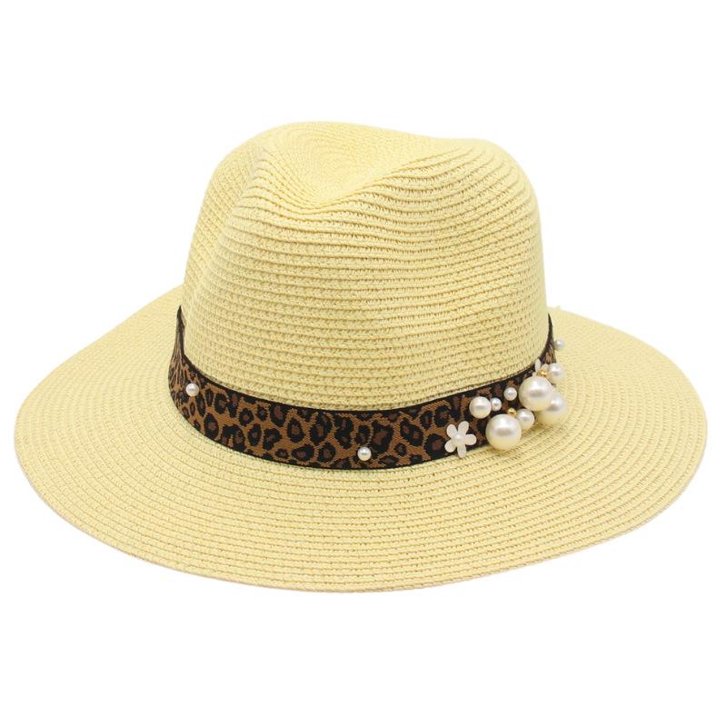 Spring And Summer 2022 New Panama Straw Hat Leopard Print Pearl Top Hat Men And Women Elegant Foldable Jazz Hat