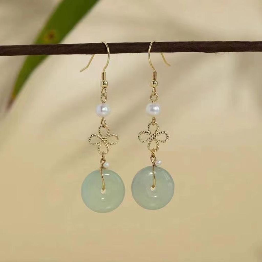 Cercei etnici chinezești din jad pentru femei Vintage Model Nor Norocos Pandantiv Picătură de Apă Bijuterii Elegante Accesoriu Hanfu Clip