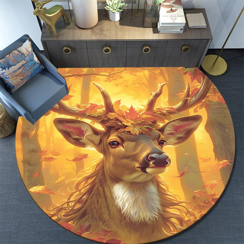Autumnal Deer Round Area Rug,Carpet Rug for Living Room Bedroom Sofa Playroom Decor,Non-slip Floor Mat
