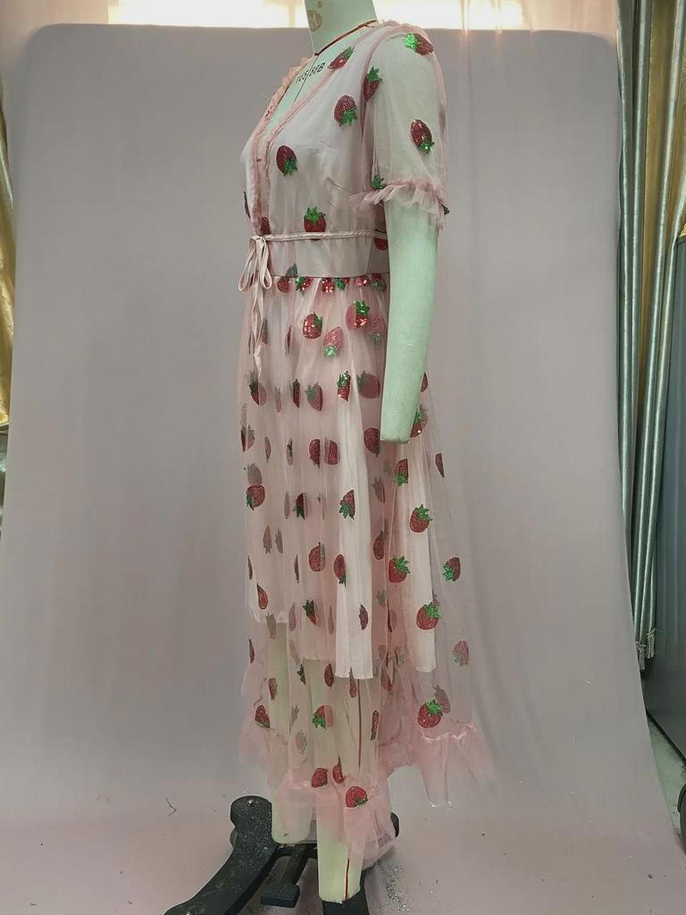 French Strawberry Sequin Pleated Dress with Mesh Straps - Summer Long Skirt, Two-Tone Design, 25 Options (LS8265)