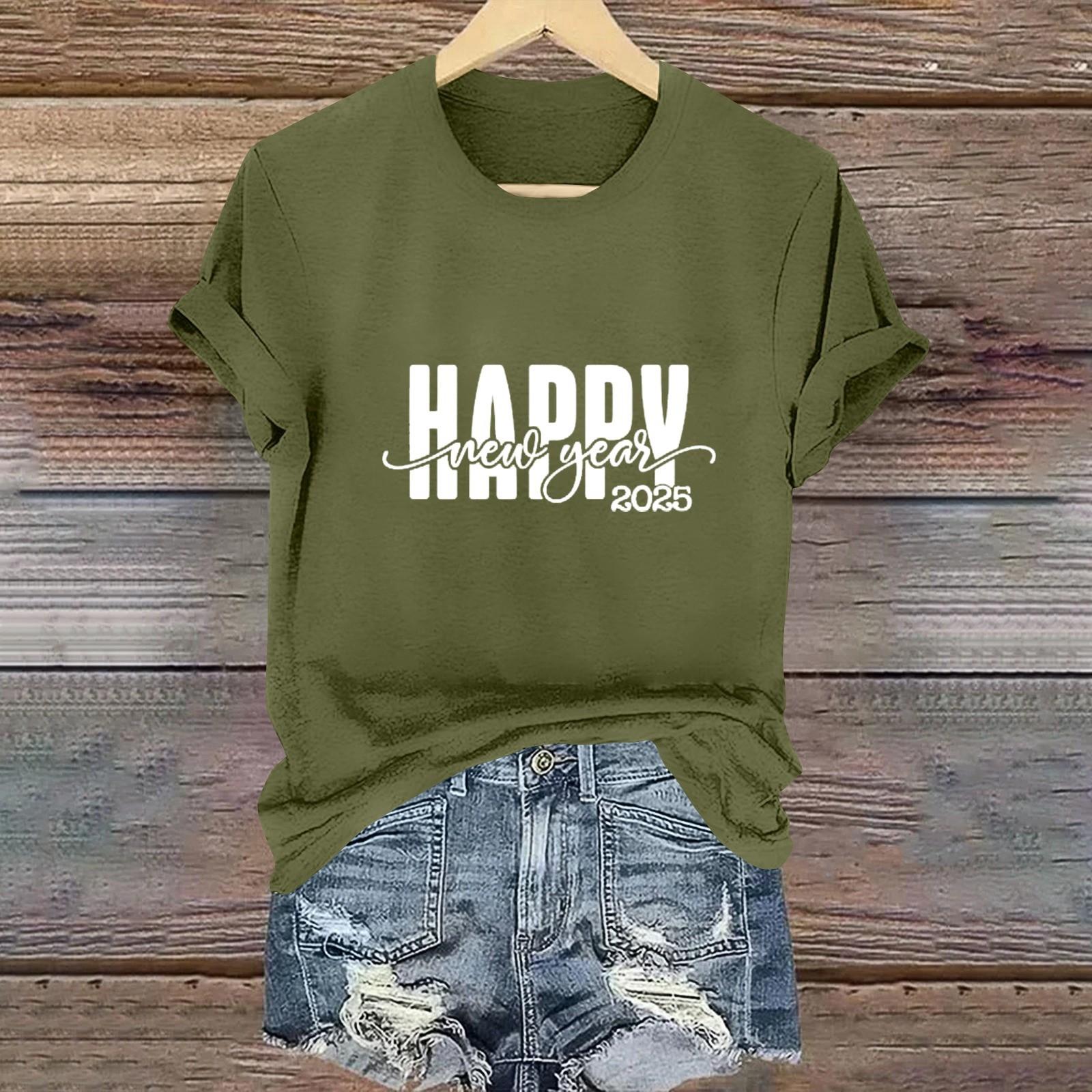 

Women s Long Sleeve Round Neck T-Shirts 2025 New Year Print Puff Sleeve Shirts Button Blouses Tops L армия зеленый