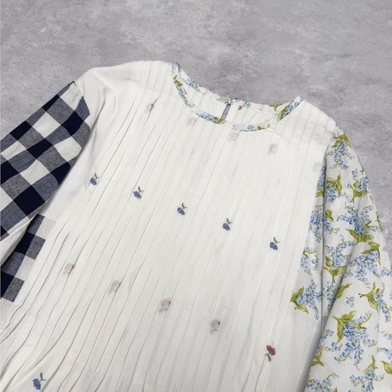 Johnature Japanese Patchwork Checked Floral Pleated Loose Dress Spring Summer O-neck Casual Print Women Dresses