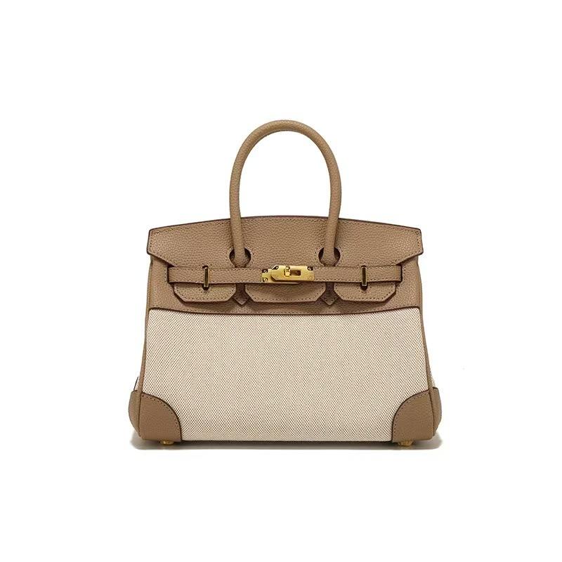 Classic Fashion Lychee Pattern/canvas Splicing Contrasting Color Large Capacity Portable Shoulder Messenger Bag Bag