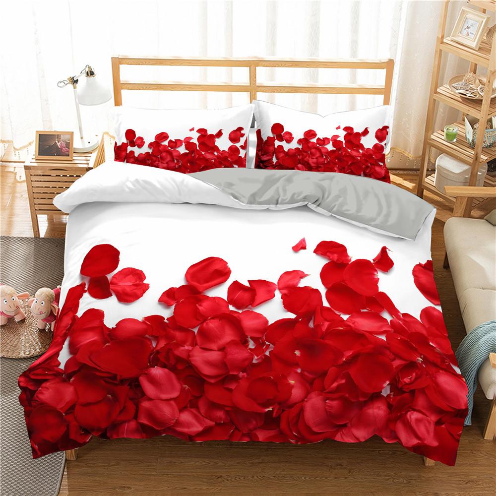 Red Rose Duvet Cover Set Red Flower Gray Background 3D Comforter Cover Valentine's Day Gift King Queen Size For Girls Women Kids