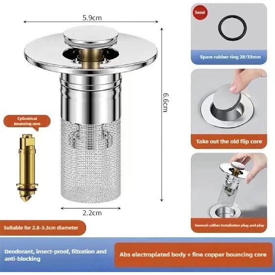 Bathroom Sink Stopper Hair Catcher, Pop-Up Drain Strainer with Stainless Steel Basket, Prevents Clogs, Bathtub Strainer Hair Catcher, Shower Drain
