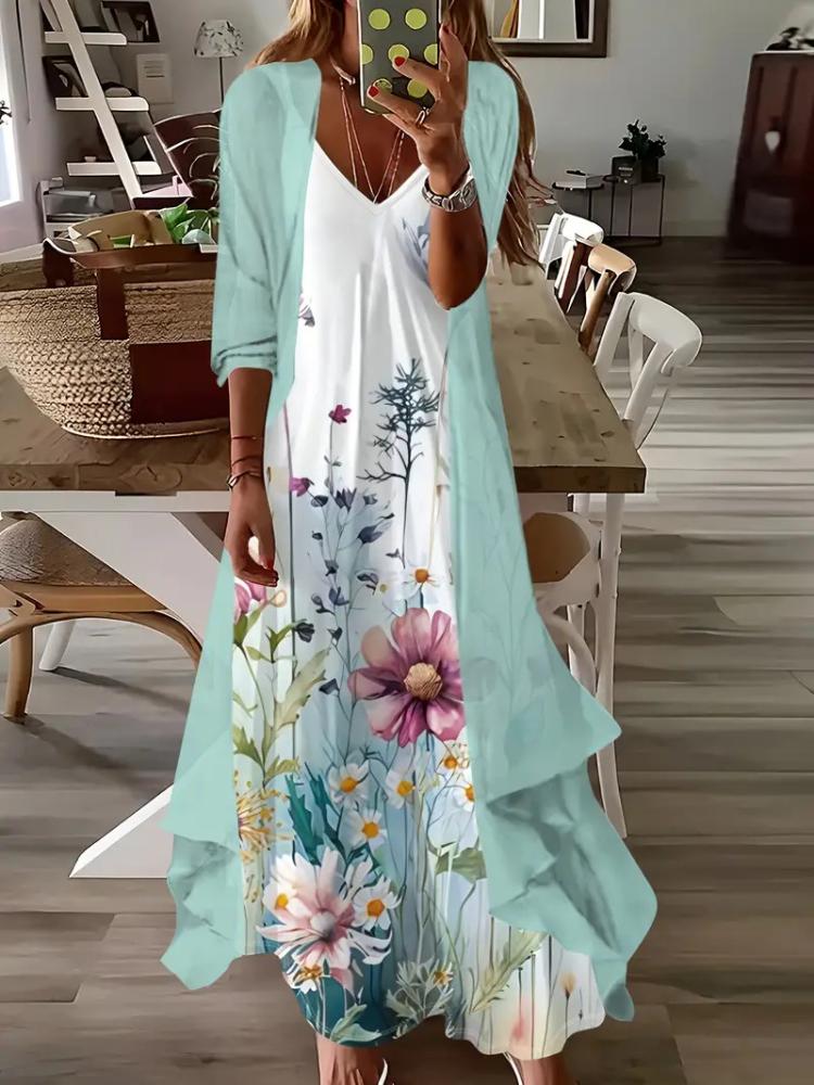 

Элегантное макси-платье с цветочным принтом и бабочками, с длинным кардиганом, женское платье в стиле бохо-шик, повседневное летнее платье 4XL