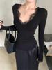 Lace V-Neck Slim-Fit Women's Long-Sleeve T-Shirt for Spring-Autumn, Sexy Hot Girl Style