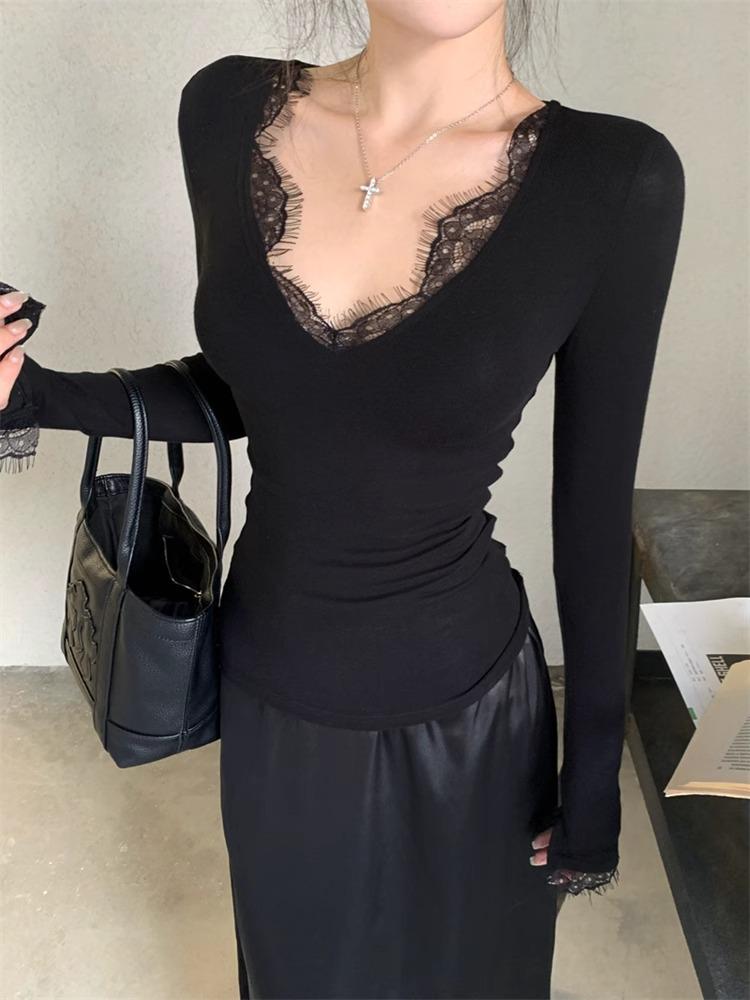 Lace V-Neck Slim-Fit Women's Long-Sleeve T-Shirt for Spring-Autumn, Sexy Hot Girl Style
