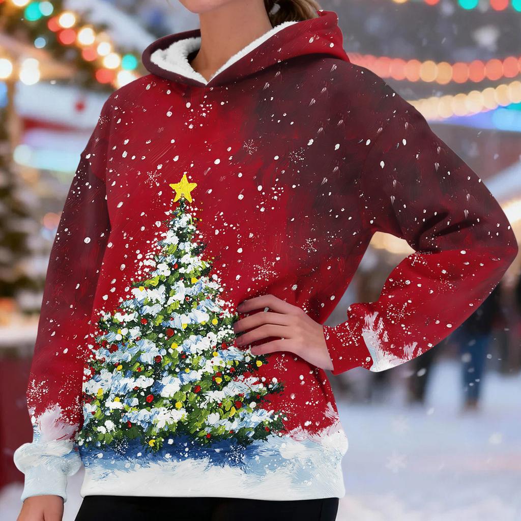 Women's Fashionable Casual Long-Sleeved Christmas Print Fleece-Lined Thick Hooded Sweatshirt