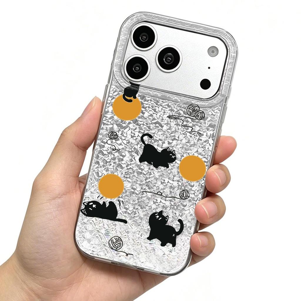 Black Cats with Balls Case for iphone 16 Plus XR XS Max 18 Pro Max 17 Pro 11 13 Air 15 12 14 Silver Glitter Crackle Background