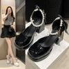Scarpe Singole con Tacco Blocco Vuoto a Fiocco da Donna Punta Tonda Bocca Bassa Piattaforma con Catena di Perle