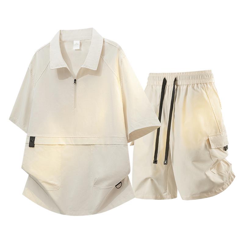 Men's Ice Silk Quick-Dry Half-Zip Polo & Shorts Set - Summer Lapel Casual Workwear