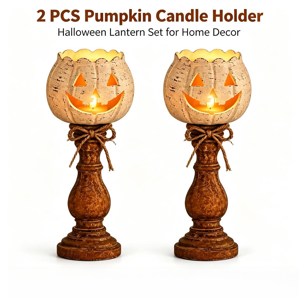 Vintage Distressed Pumpkin Tea Light Candle Holder Set Rustic Farmhouse Halloween Table Decor for Home Party Holiday Mantel