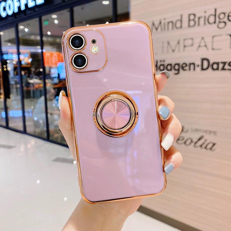 Luxury Ring Holder Case For iPhone 11 7 8 Plus Gold Plating Metal Stand Phone Cover For iPhone 12 Pro Max XS XR SE 2020 Silicone
