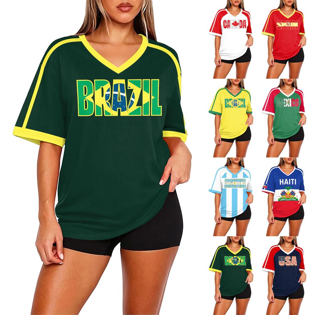 Womens Soccer Jersey V Neck Fan Shirt Y2K Style Short Sleeve Athletic Top Loose Fit Breathable Fabric