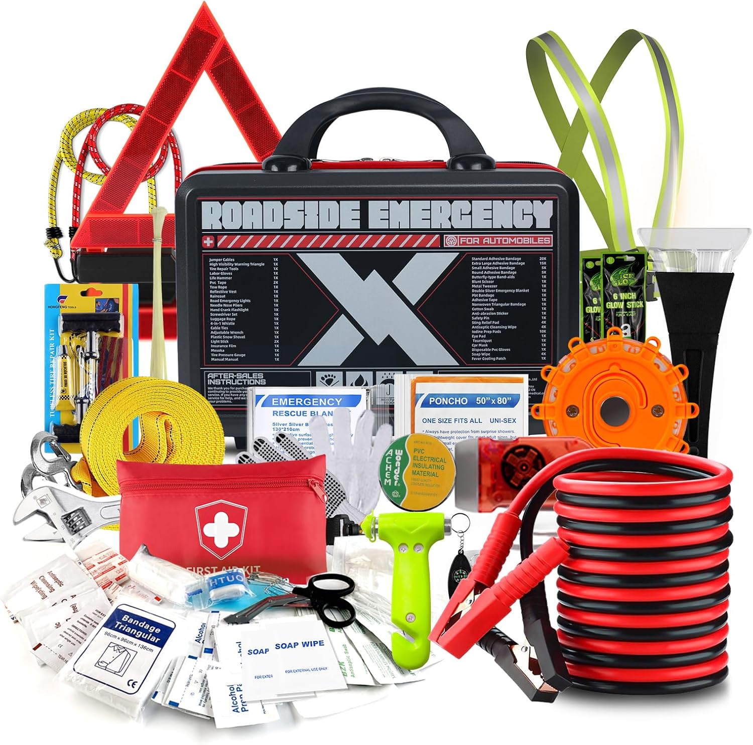 

Car Emergency Kit with Jumper Cables, Flashlight, Shovel, Screwdriver - Road Safety Essentials for Truck, RV, Gift for Father (R чорний