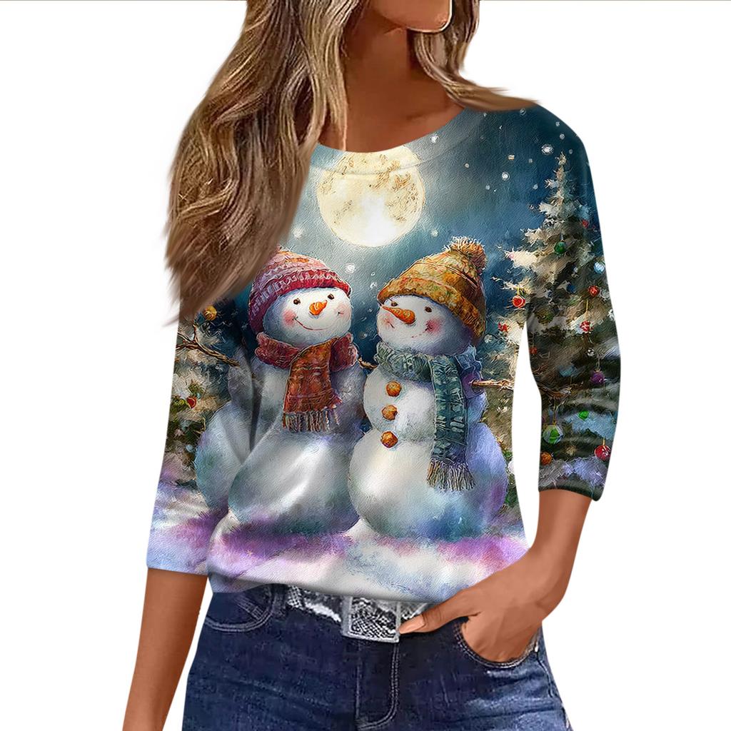 Dame Mote Casual Trekvartsermet Juleprintet Hals Topp