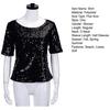 Women Shirt Shiny Sequin Half Sleeve O Neck Loose Solid Color Soft Breathable Pullover Sparkling Party Prom Cocktail Blous