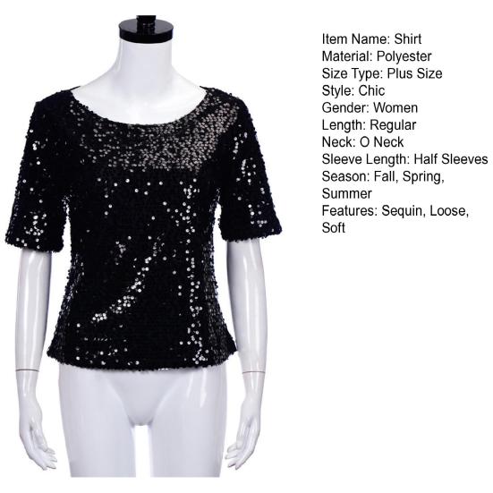 Women Shirt Shiny Sequin Half Sleeve O Neck Loose Solid Color Soft Breathable Pullover Sparkling Party Prom Cocktail Blous