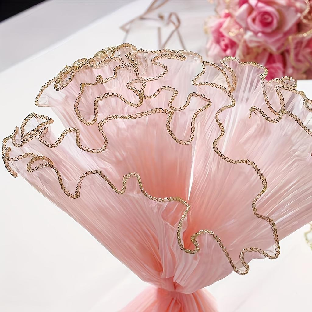 4 Yards Elegant White Wave Tulle Fabric, 28cm Wide for DIY Floral Cake Packaging with Golden Embellishments and Ruffled Edges, Bouquet Accessories