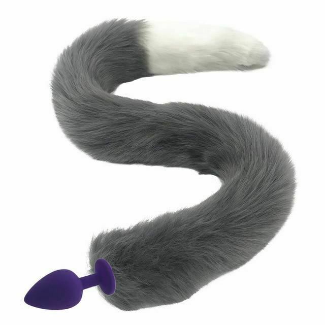 80Cm Long Grey White Fox Tail Cosplay Anal Butt Plug  Pet Play Butt Plug Tails