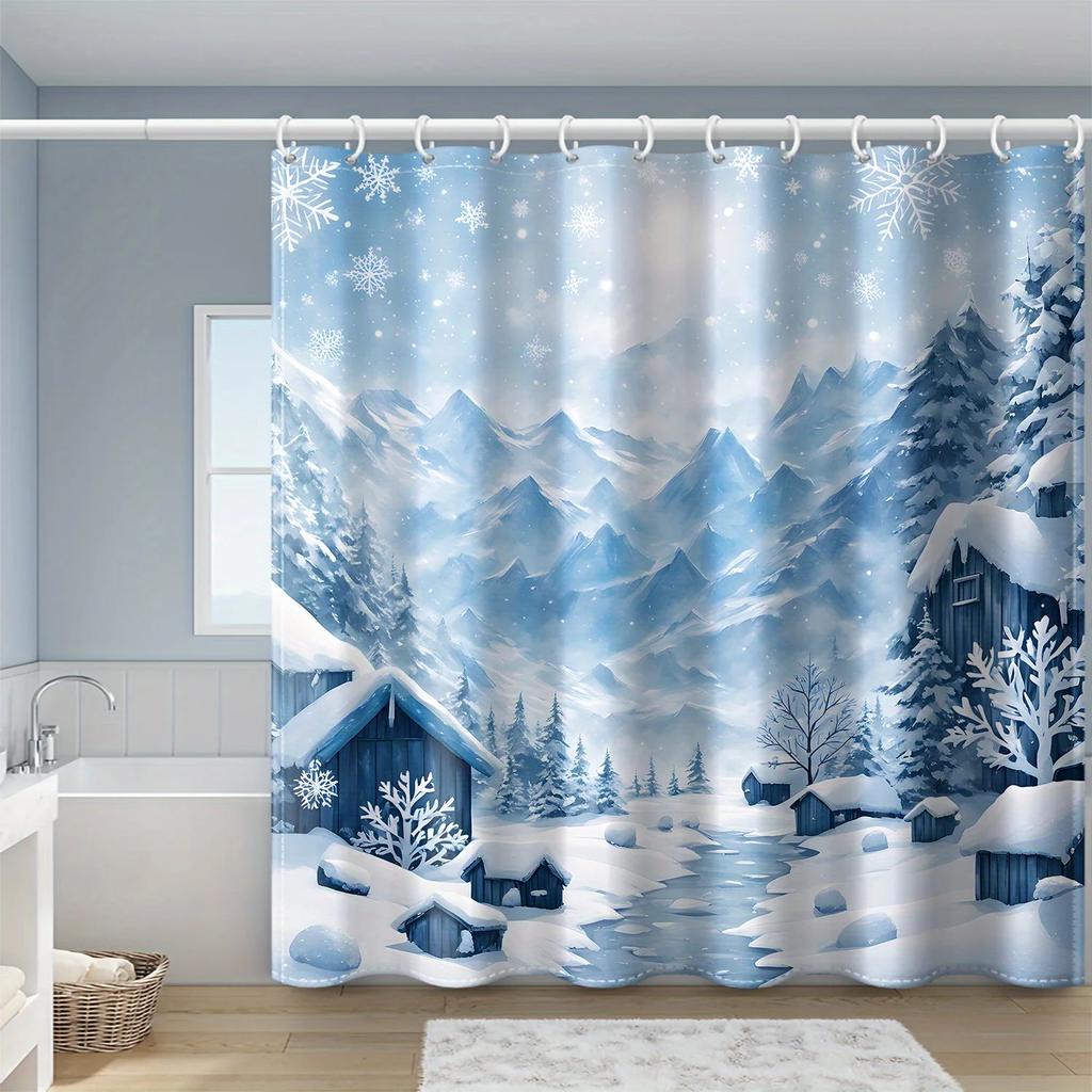 Winter Mountain Snow Scene Shower Curtain Waterproof Polyester with Hook Machine Washable Bathroom Decoration Home Gift