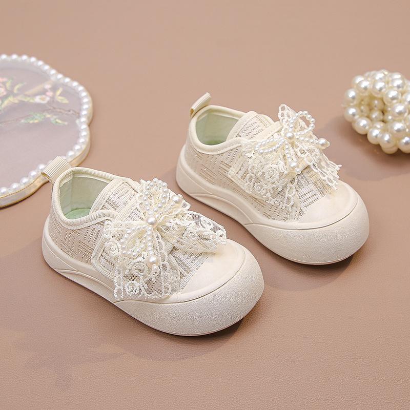 Kids Beige Lace Pearl Bow Decor Slip-On Casual Canvas Shoes 23 бежевый