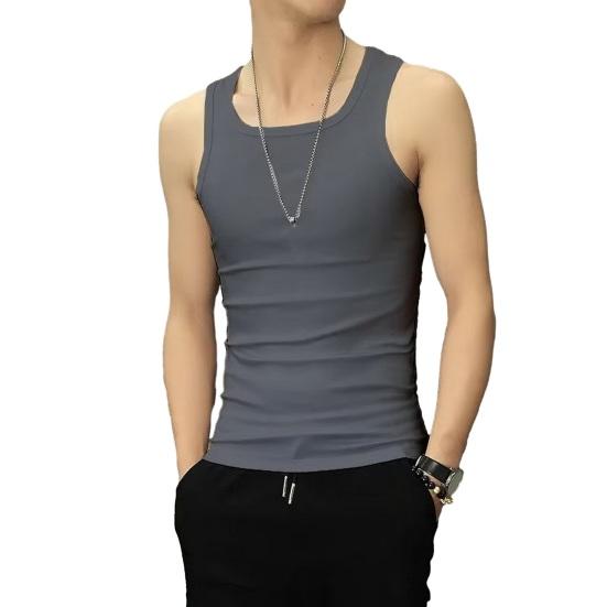 Men Summer Vest Sleeveless Pure Color O Neck Slim Fit Elastic Pullover Soft Breathable Gym Exercise Sports Tank Top
