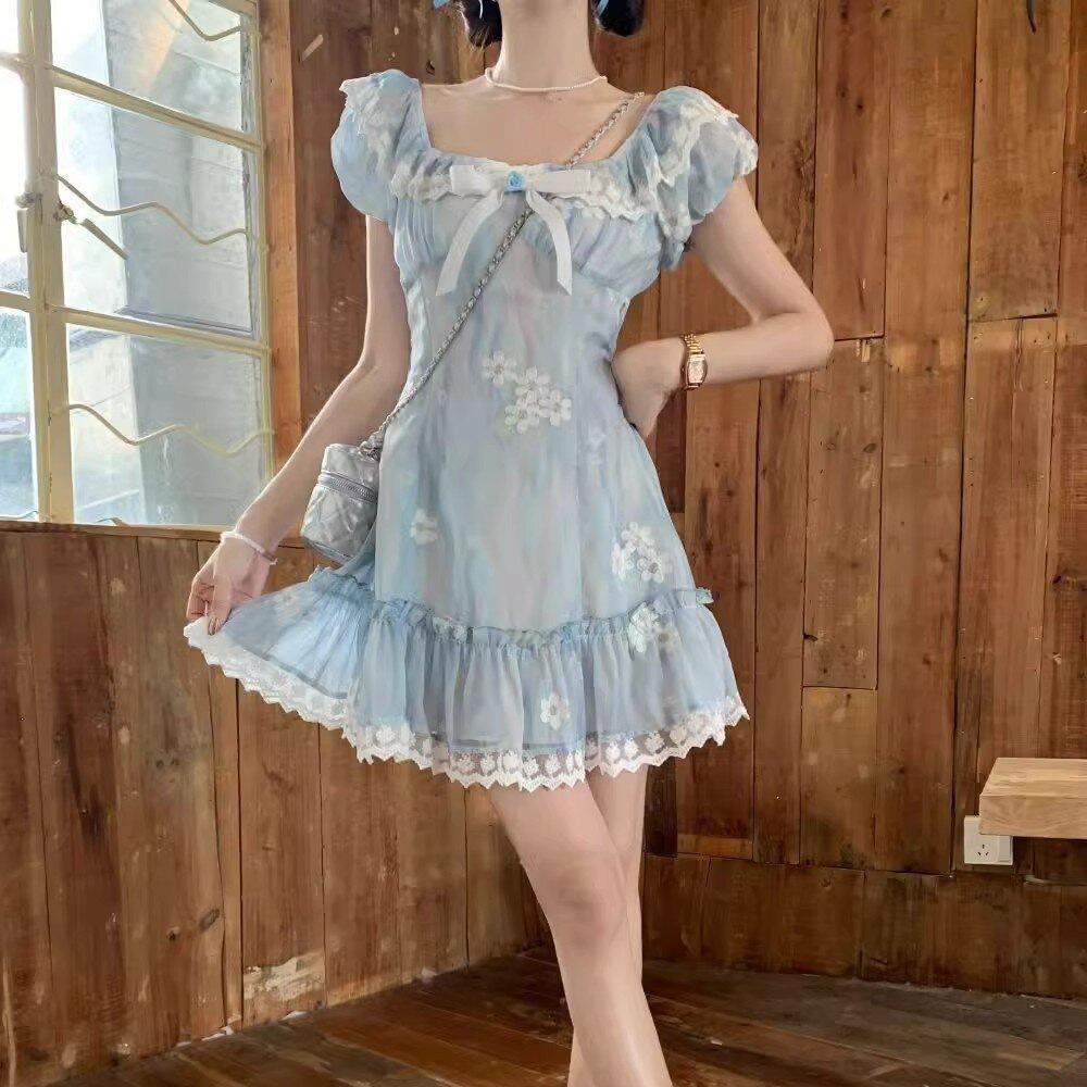 Summer new sweet and cute girlish blue small flying sleeves floral dress women's small waist princess dress