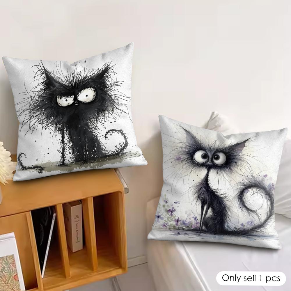 Whimsical Cat Art Cushion Cover Silky Short Plush Invisible Zipper Dustproof Sofa Pillow Case For Home Decor